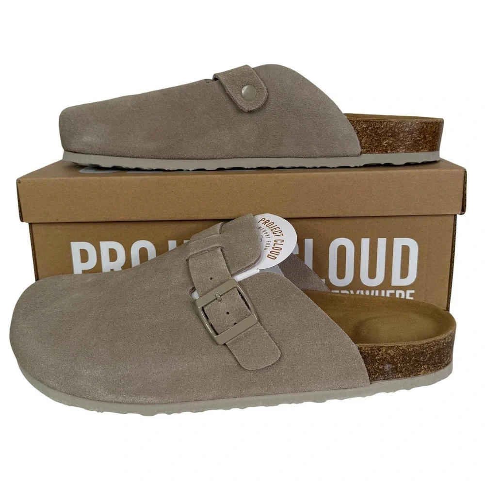 Project Cloud Brooklyn Mens Suede Clogs Taupe Memory Foam Buckle Mules 12 NEW